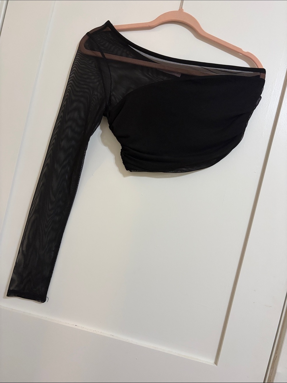 Blue Blush Black One-Shoulder Mesh Sleeve Crop Top